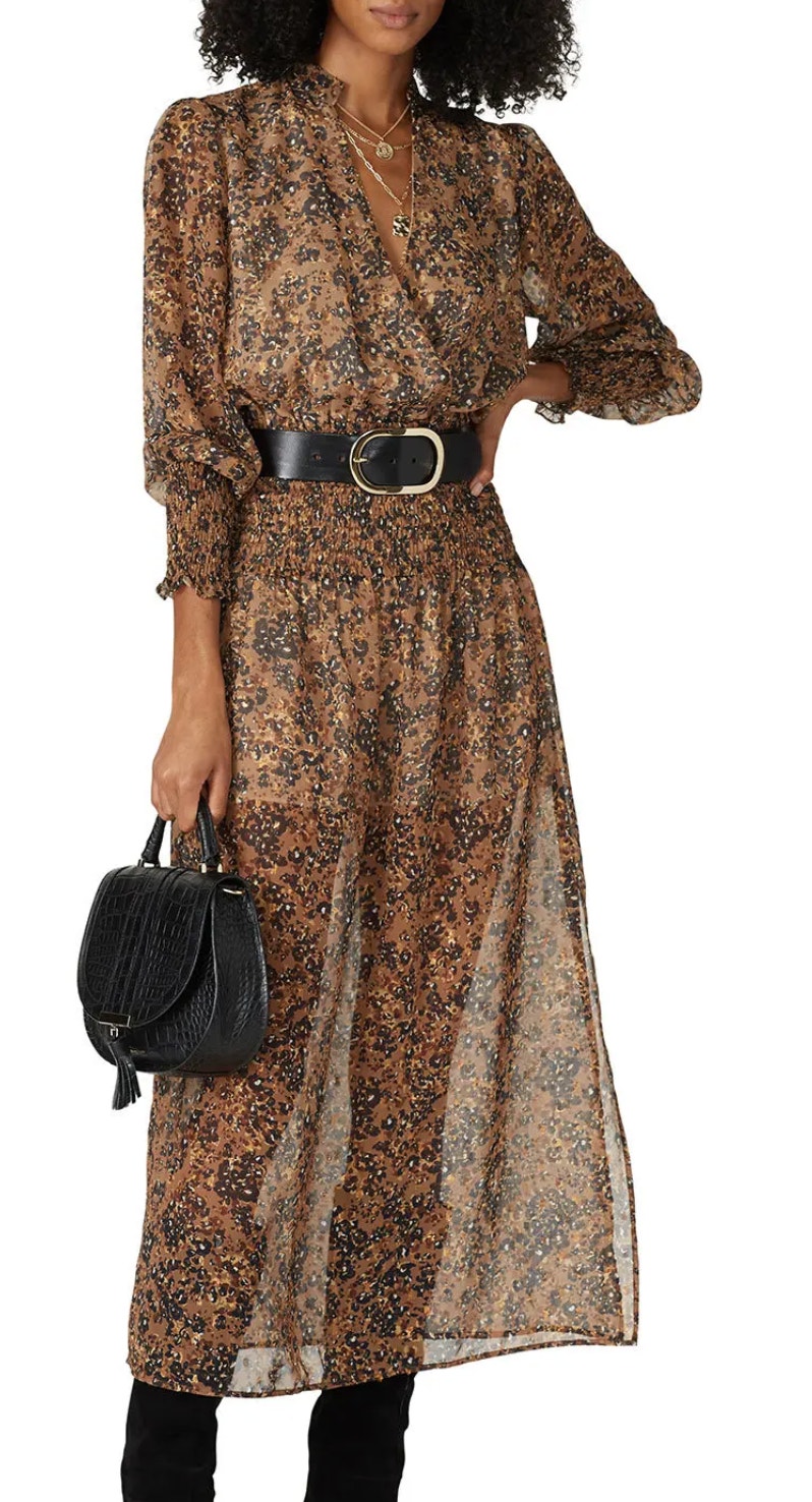 Waverly Grey Brown Floral Midi Dress Xs Cottage Western Smocked Designer $231